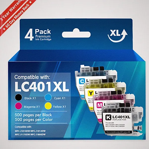 4pk LC401XL w/ New Chip Ink Cartridge Compatible for Brother MFC-J1010DW J1012DW